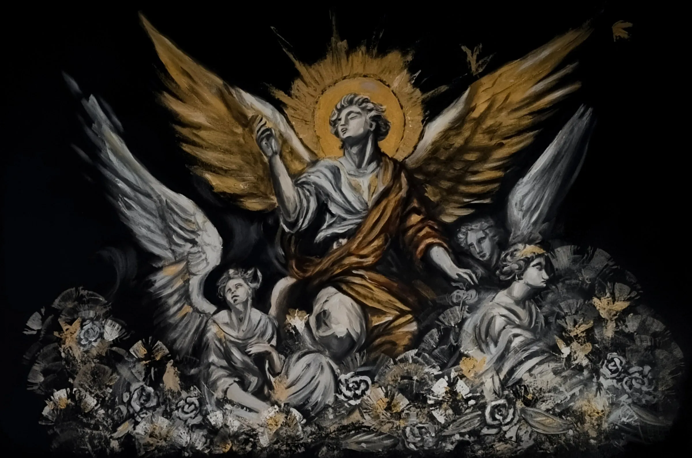ASCENSION, 2024 — acrylic on canvas: a gold-winged figure with a halo rising above cherubs against a black ground
