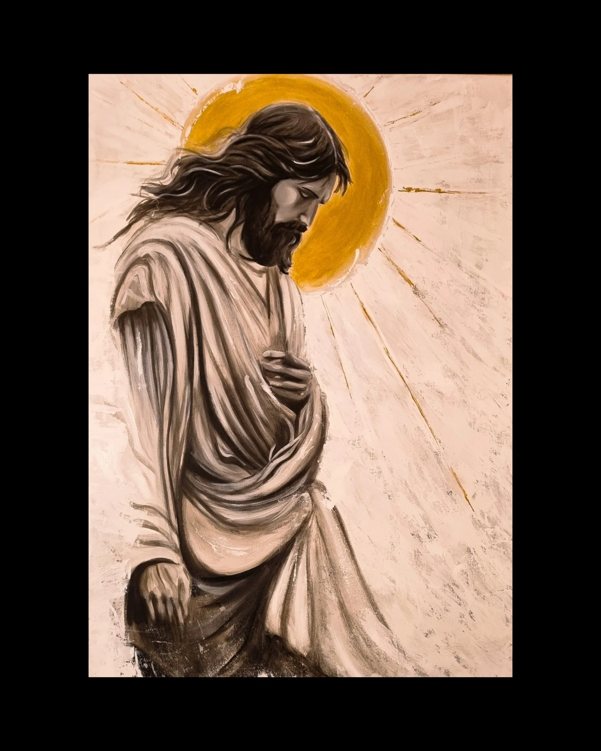 JESUS, 2024 — acrylic on canvas: a bowed, robed figure beneath an orange sun halo on a pale ground