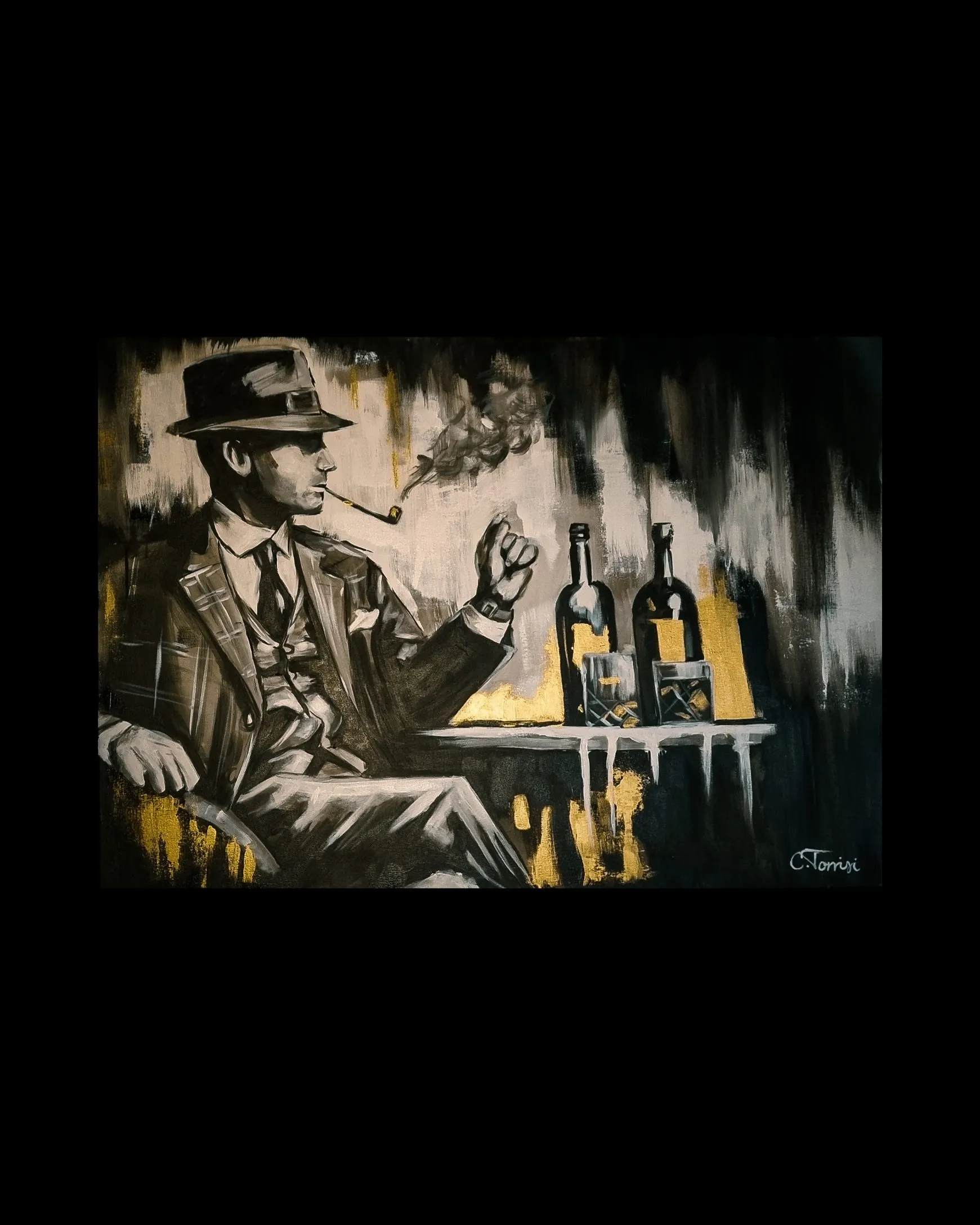 LATE NIGHT, 2024 — acrylic on canvas: a seated figure in a hat smoking a pipe beside bottles and glasses