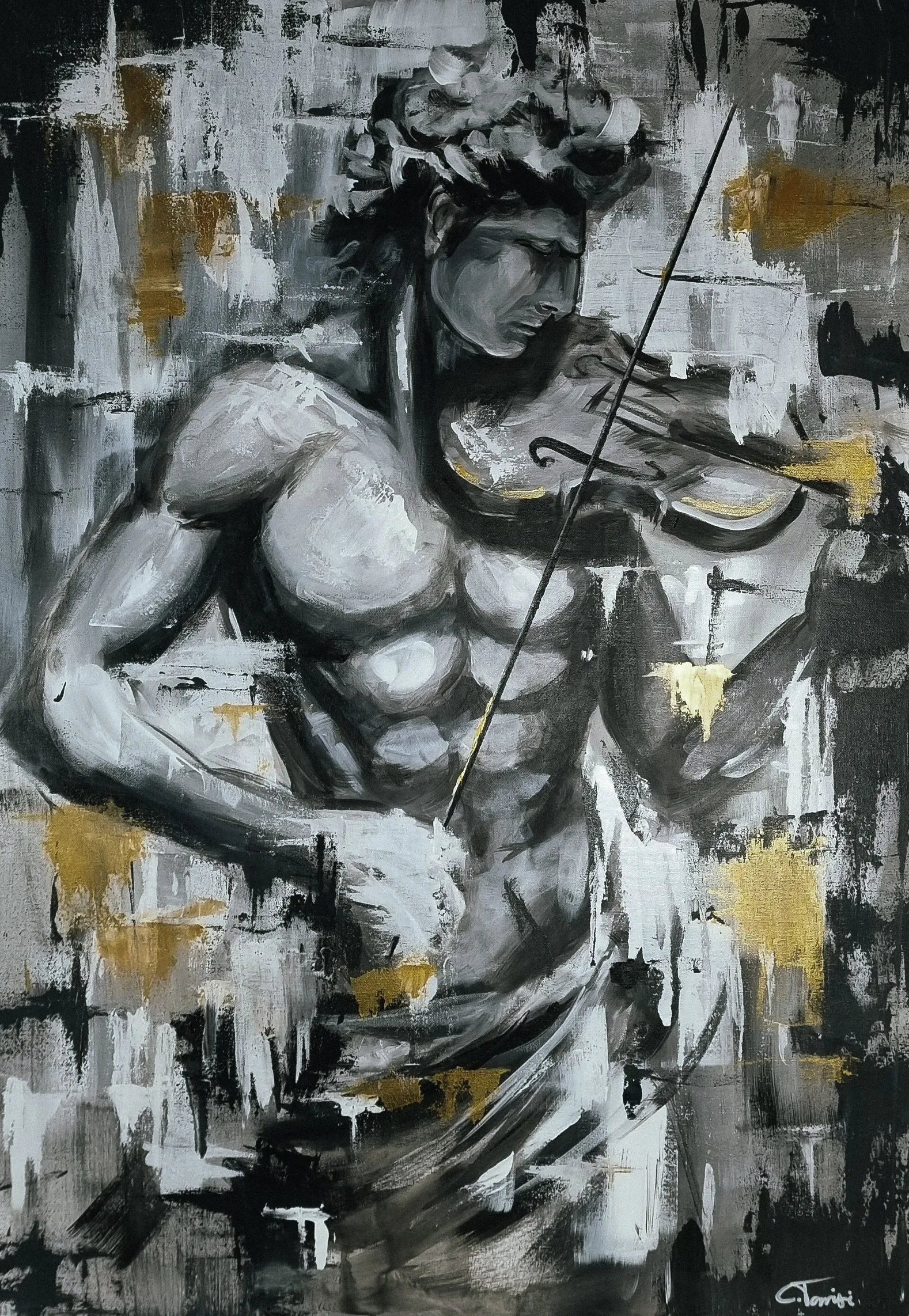 MEMENTO SONUS, 2023 — acrylic on canvas: a grey and gold figure playing the violin