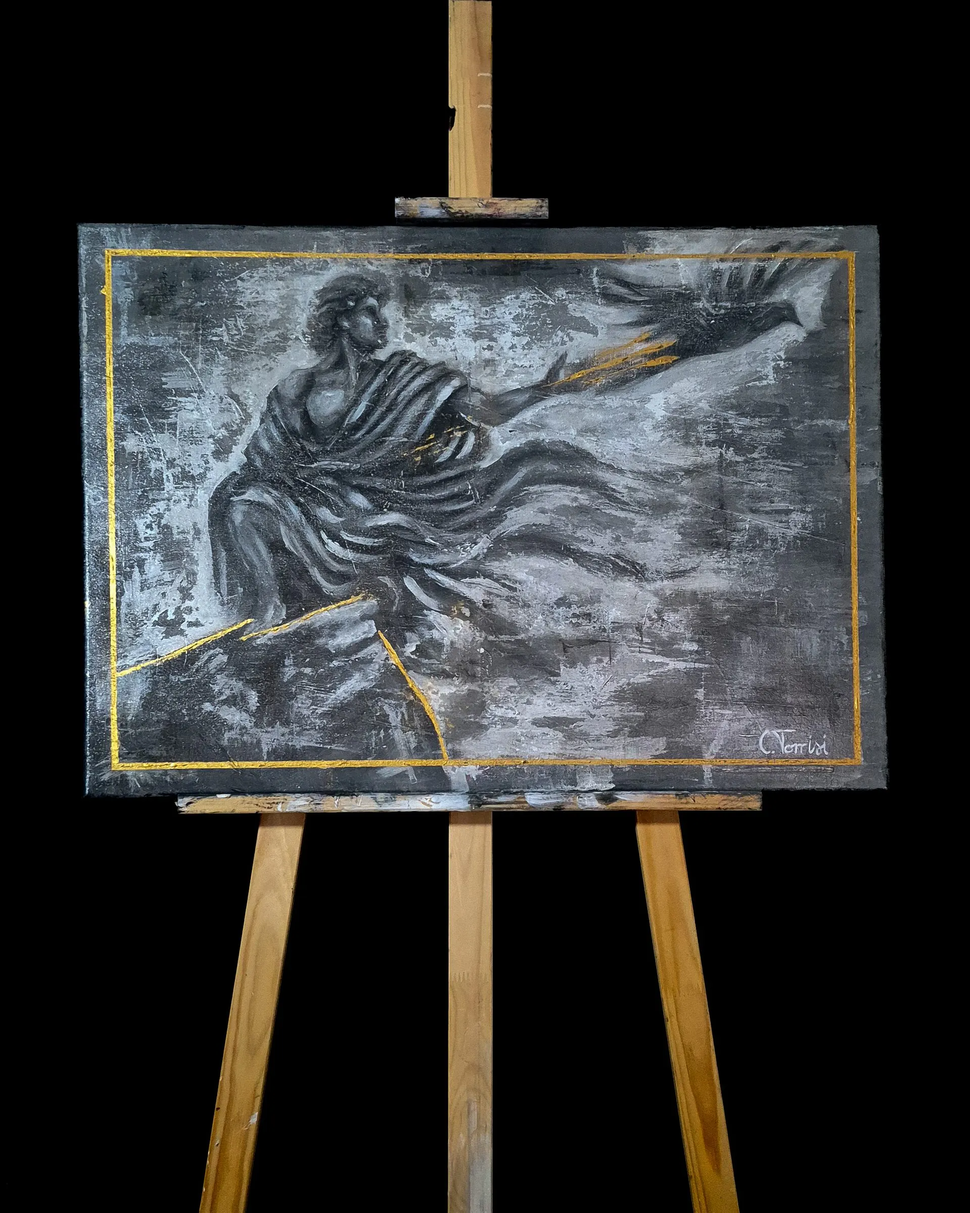 THE CROSSING, 2026 — acrylic on canvas shown on an easel against black: a draped figure reaching toward a bird within a painted gold frame